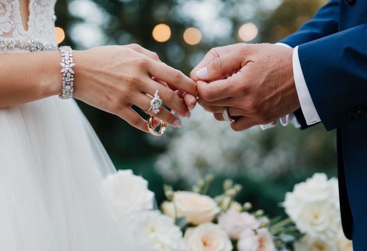 The bride and groom exchange rings, symbolizing their commitment