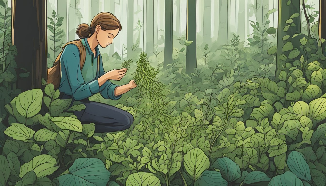 A person foraging for wild vegetables in a lush forest, carefully selecting and inspecting various leaves and roots before consuming them raw