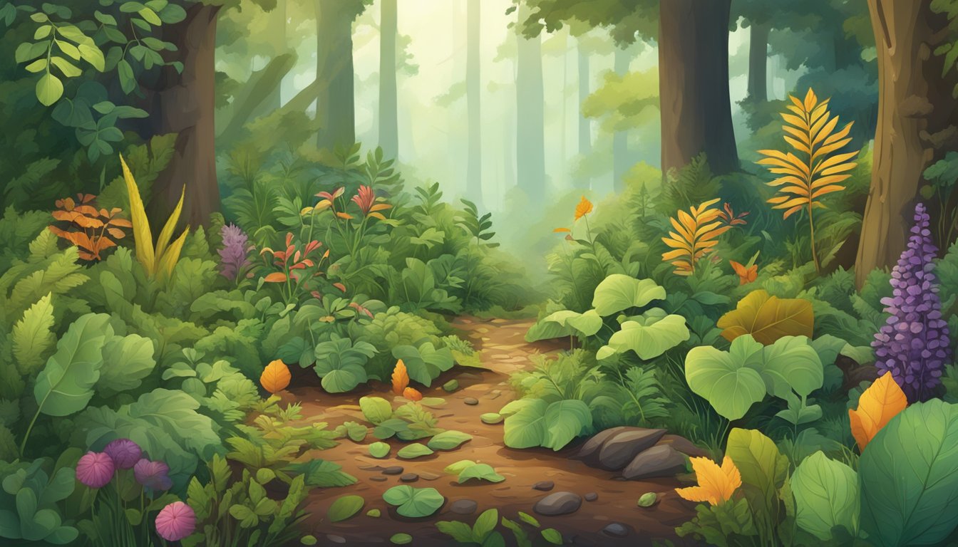 A lush forest floor with various wild vegetables growing among fallen leaves and branches, surrounded by diverse plant and animal life