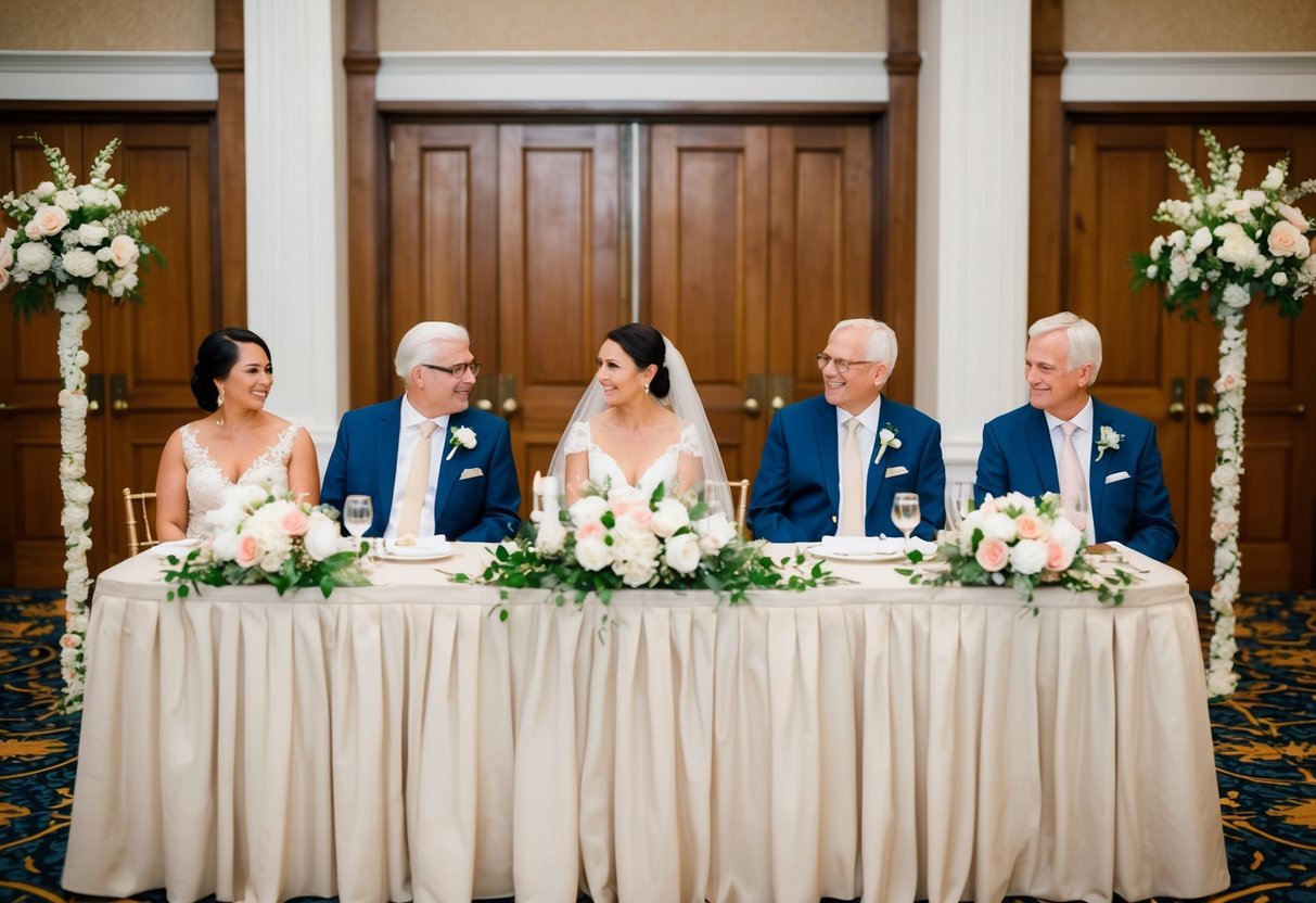 The parents of the bride sit at a designated table near the front of the reception hall, adorned with elegant decorations and floral arrangements