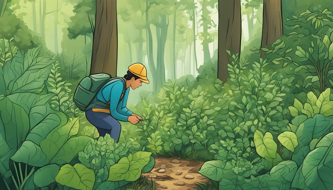 A person foraging for wild vegetables in a lush forest, carefully inspecting and gathering various plants