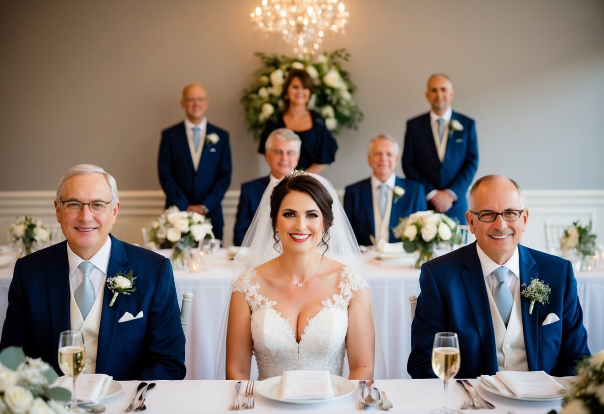 The parents of the bride sit at the head table, typically positioned in the center with the newlyweds, the maid of honor, and the best man