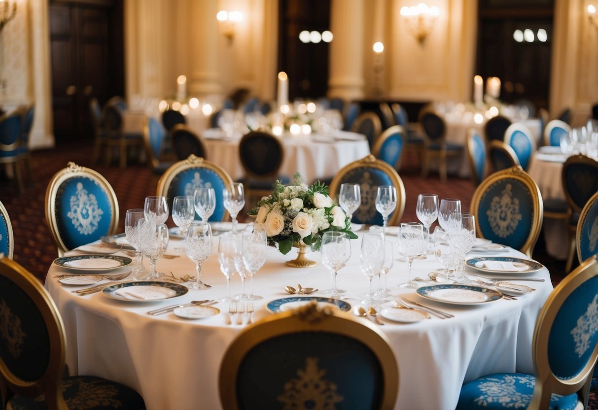 A grand banquet table with ornate chairs, set with fine china and crystal glasses, traditionally reserved for honored guests and dignitaries