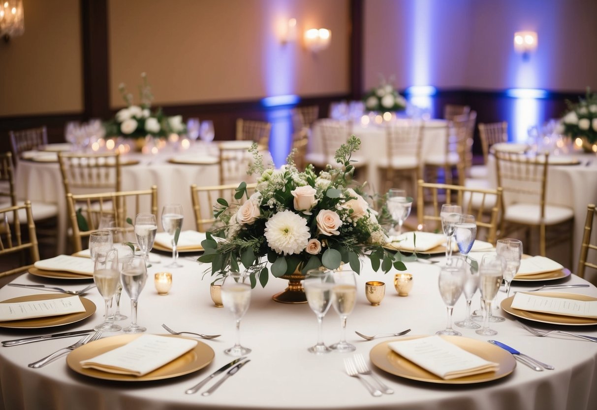 A decorated top table set for a wedding reception, featuring elegant place settings and floral centerpieces