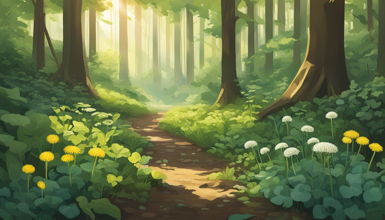 A lush forest floor with a variety of wild vegetables growing, including dandelion greens, nettles, and purslane. Sunlight filters through the trees, casting dappled shadows on the vibrant greenery