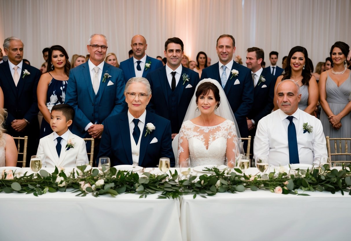 The mother and father of the bride sit at the head table, flanked by their respective family members, while the reception unfolds around them