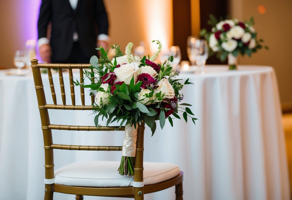 A bouquet of flowers rests on an empty chair next to the bride at the reception