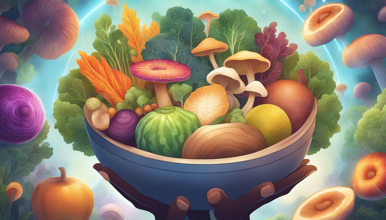 A person holding a bowl of reishi mushrooms, surrounded by various fruits and vegetables, with a glowing aura around the mushrooms