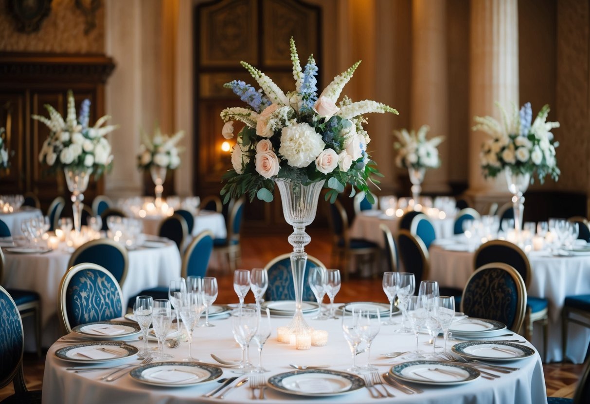 A grand banquet table with ornate chairs, set with fine china, crystal glasses, and elegant floral centerpieces