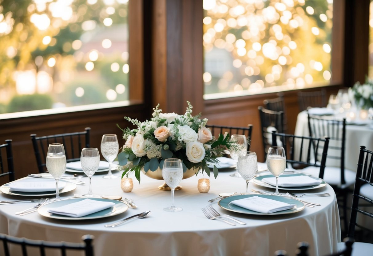 A round table with elegant place settings, floral centerpieces, and a designated seat next to the bride