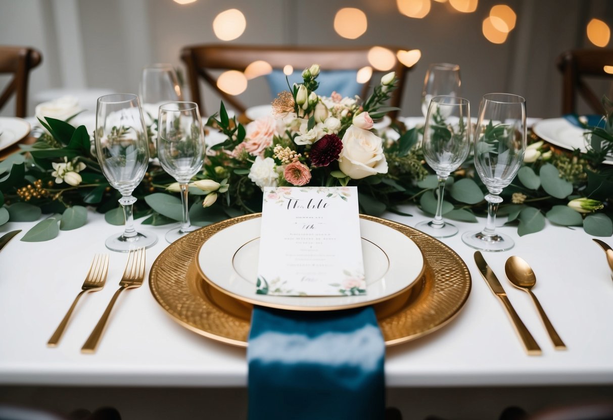 A beautifully set top table with elegant place settings and floral centerpieces