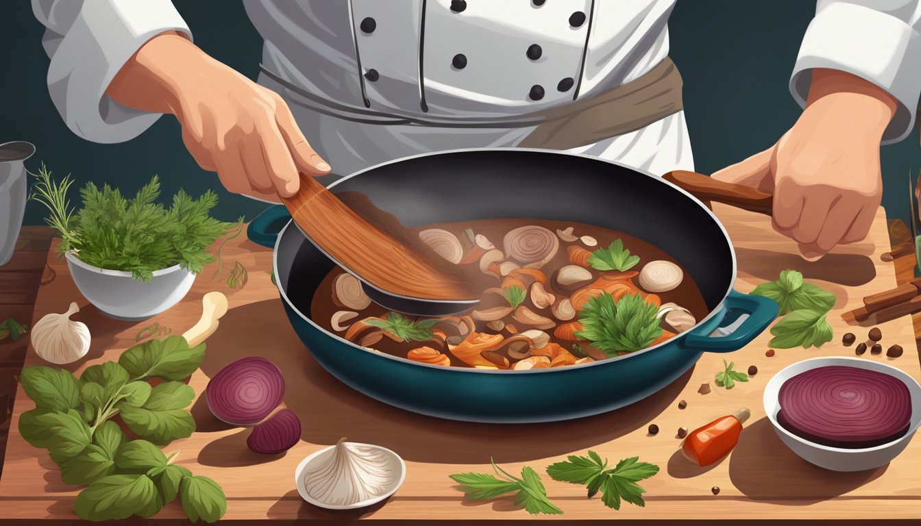 A chef carefully slices and sautés reishi mushrooms in a sizzling pan, surrounded by various herbs and spices on a wooden cutting board