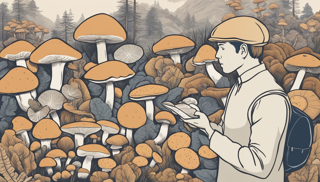 A person holding a reishi mushroom while surrounded by various other types of mushrooms, with a caution sign and a list of potential side effects in the background