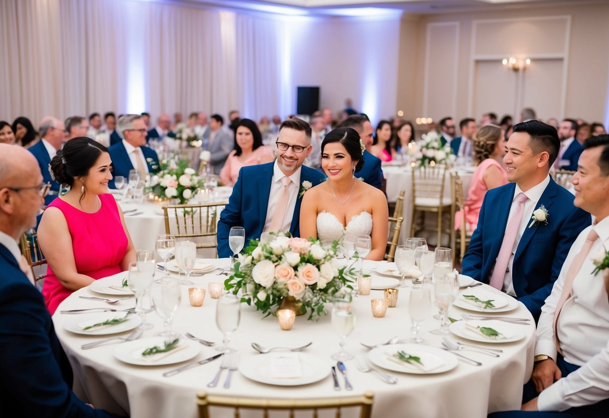 Guests seated at round reception tables, with the bride's seat positioned at the center, adorned with elegant place settings and floral arrangements