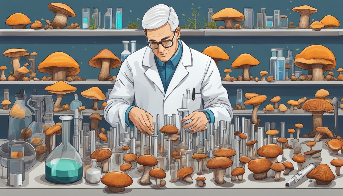 A scientist in a lab coat examines reishi mushrooms under a microscope, surrounded by test tubes and scientific equipment