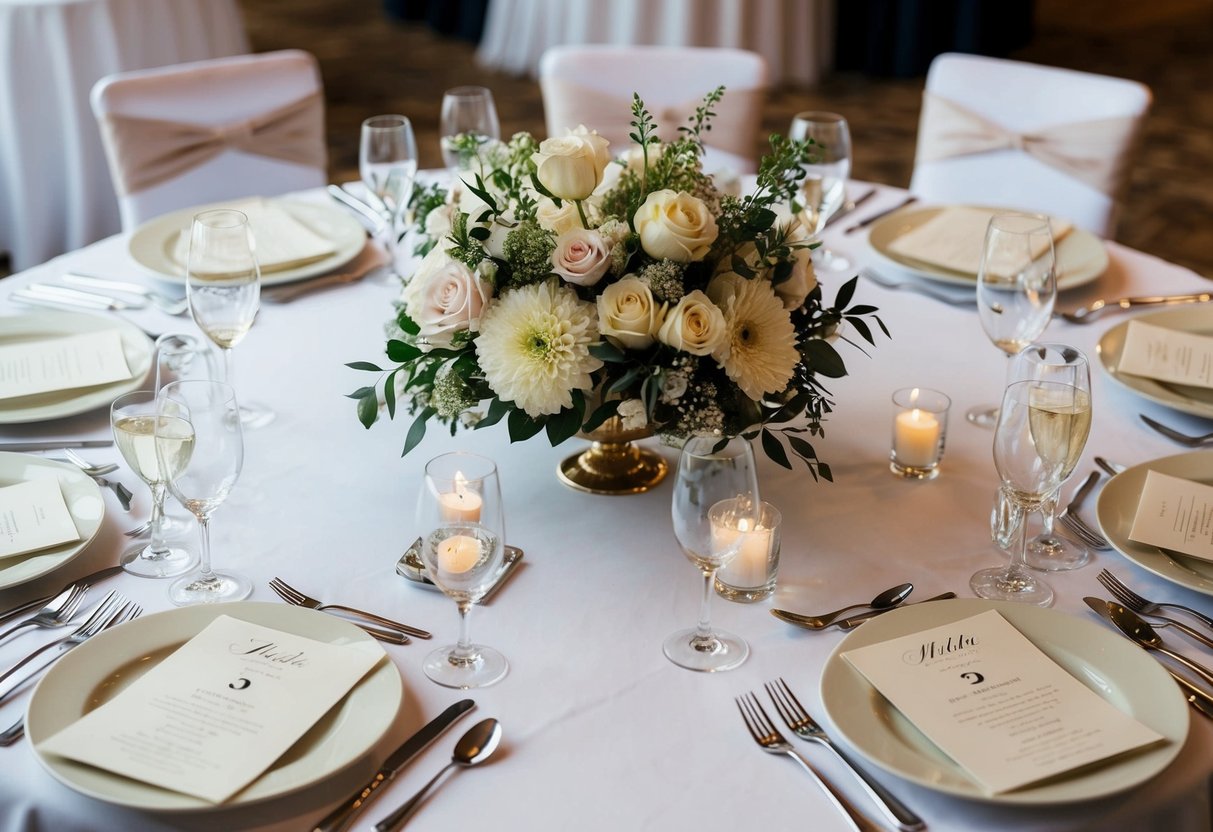 Elegant place settings arranged around a central floral centerpiece, with a designated seat next to the bride's place at the reception