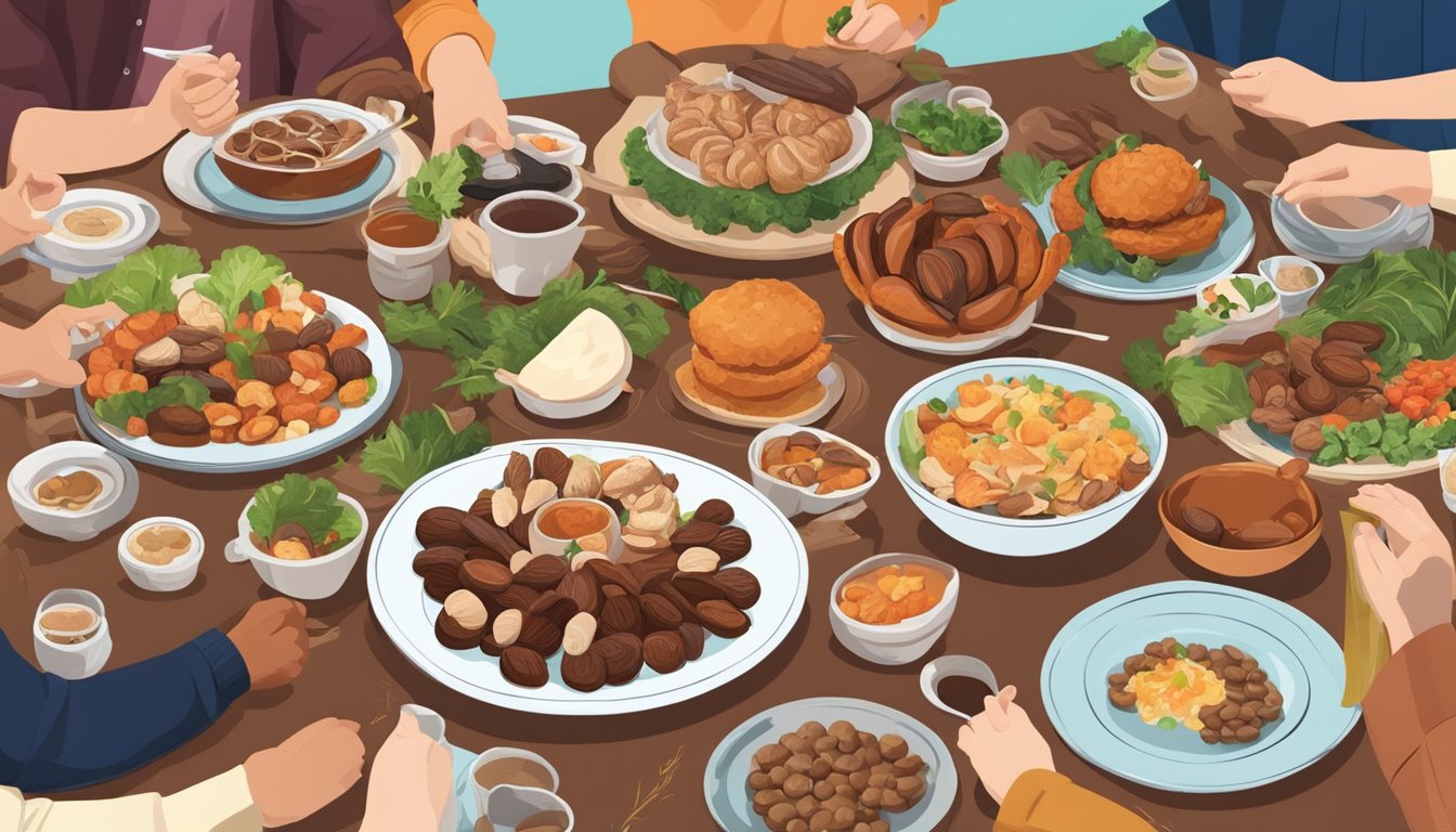 A diverse group of people of different ages and backgrounds enjoying a meal together, with a variety of foods including reishi mushrooms on the table