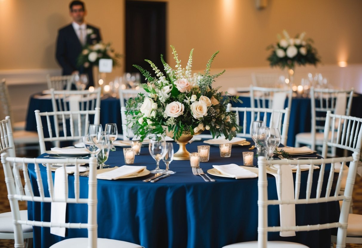 A floral centerpiece sits between the bride and groom at the head table, surrounded by empty chairs