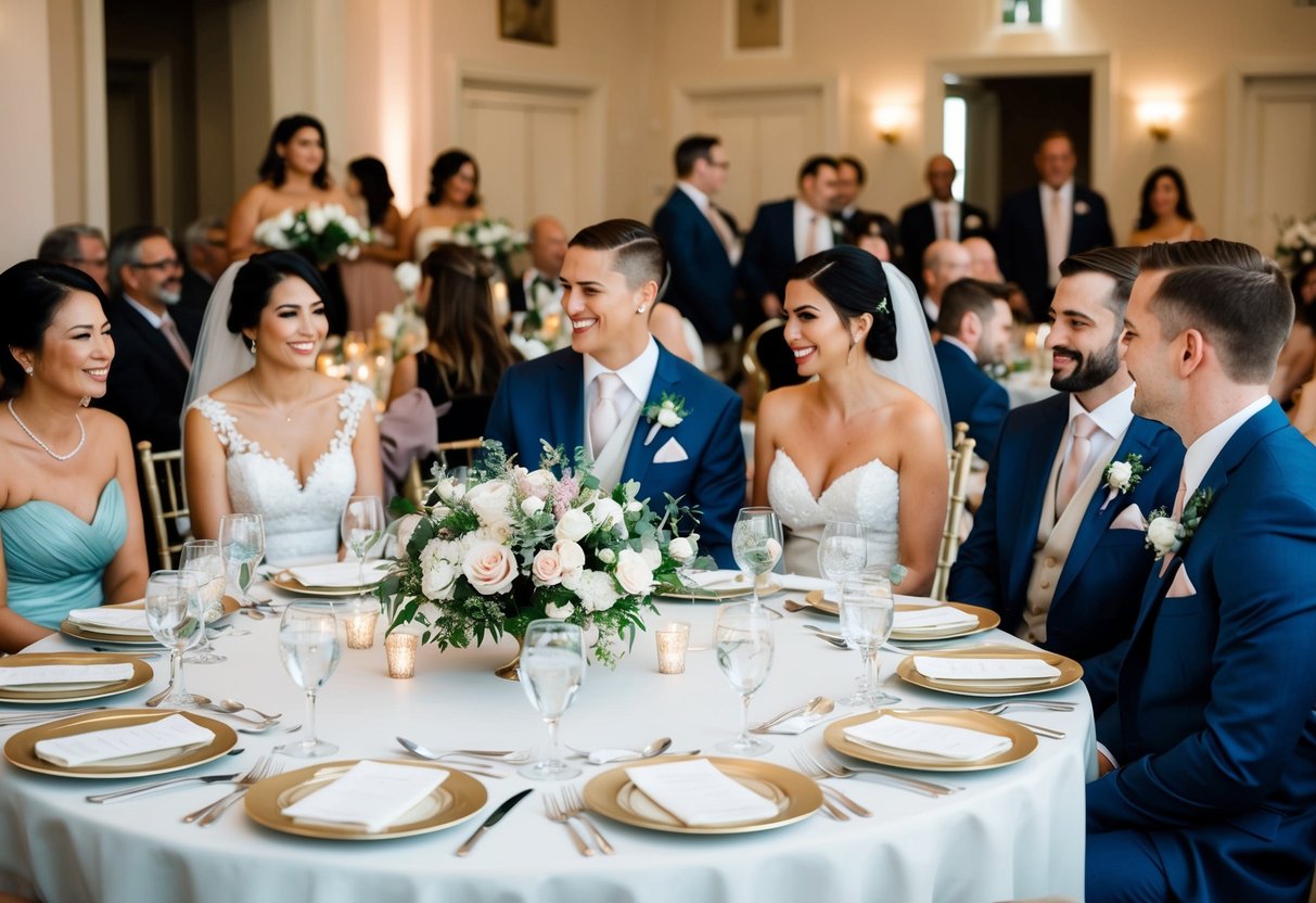 A round table with elegant place settings, the bride and groom's seats adorned with floral arrangements, surrounded by family and close friends