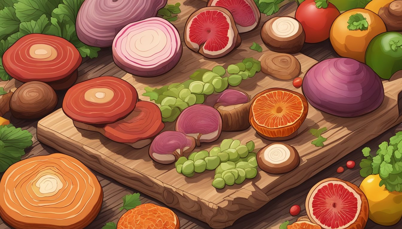 A colorful array of fresh reishi mushrooms arranged on a wooden cutting board with various fruits and vegetables in the background