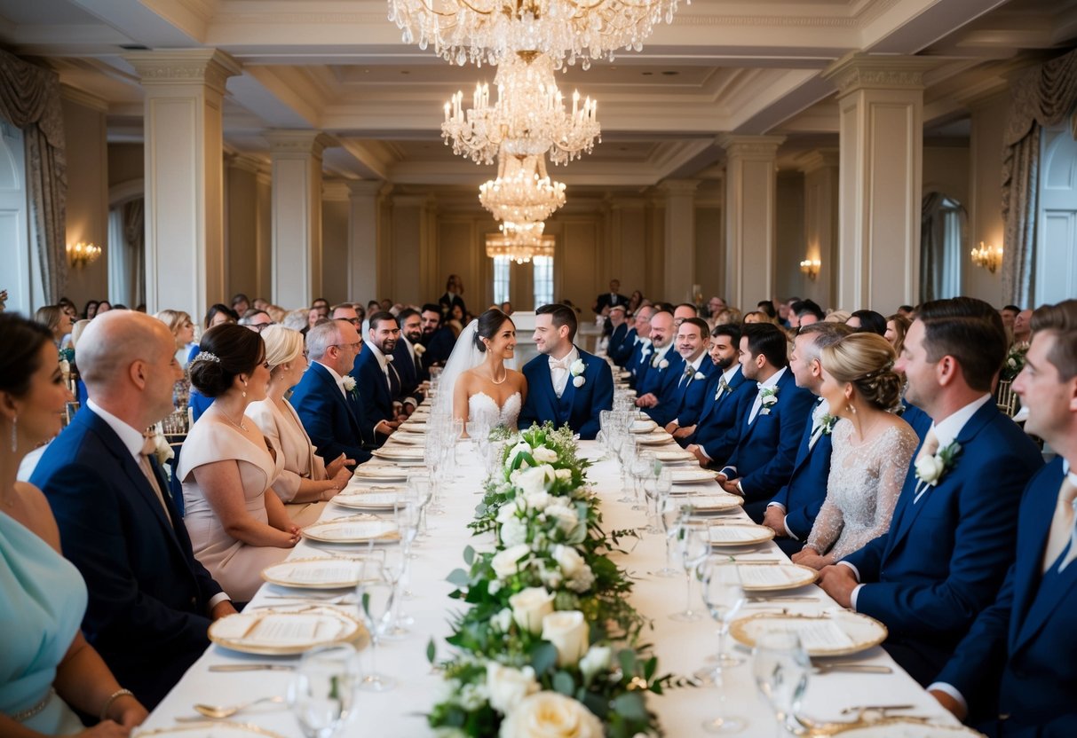 The bride and groom sit at the center of a long, elegantly decorated table, with their honored guests seated on either side