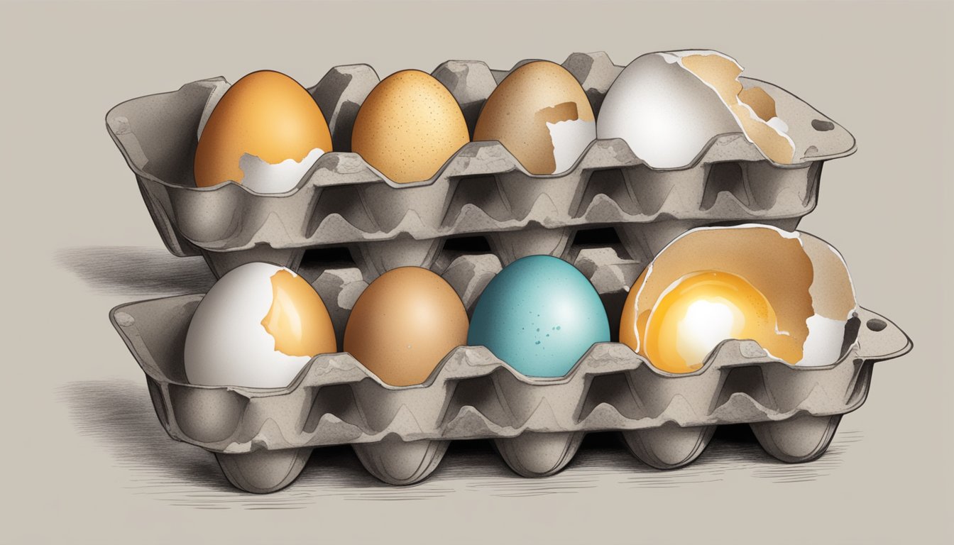 A carton of eggs with varying dates, some cracked open, surrounded by a faint odor and mold