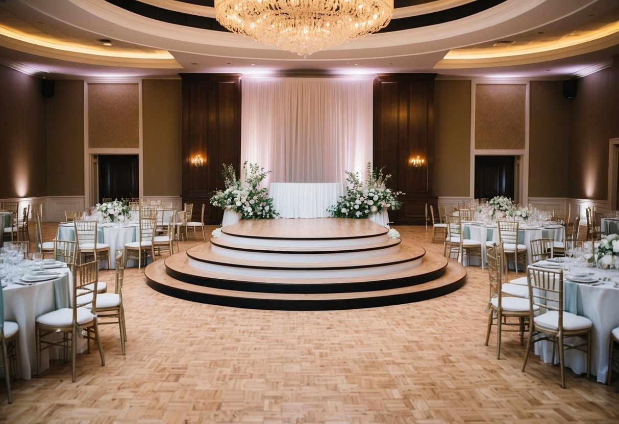 A grand reception hall with a circular seating layout, adorned with elegant chairs and tables. A raised platform at the center for the bride and groom