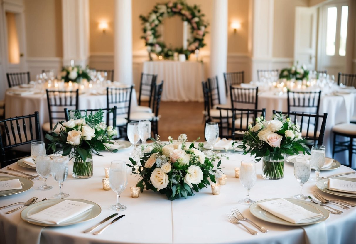 A beautifully set wedding table with elegant place settings and floral centerpieces. The bride and groom's seats are prominently placed in the center