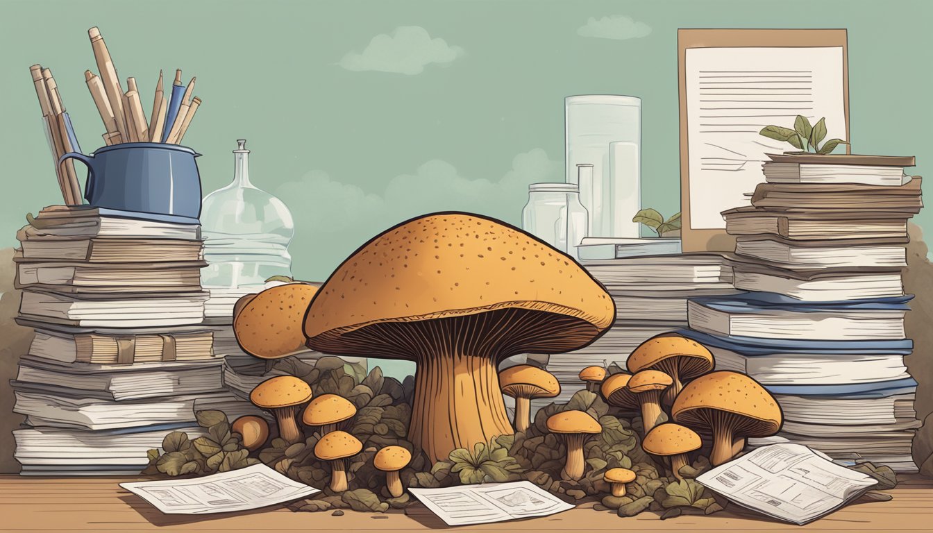 A pile of reishi mushrooms surrounded by scientific research papers and a caution sign