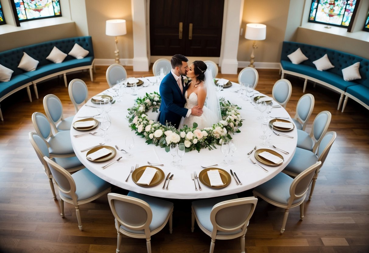A circular table with the bride and groom at the center, surrounded by unique seating arrangements, including elegant chairs and cushioned benches