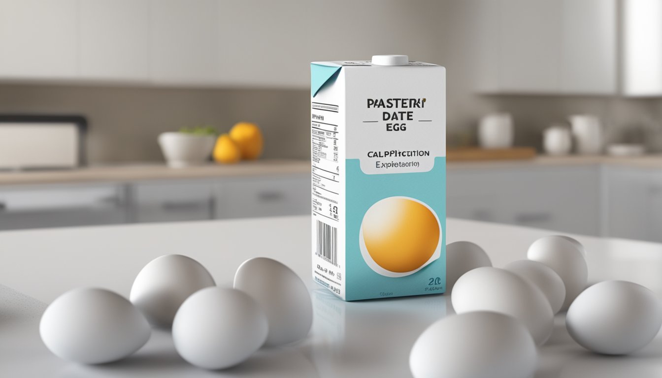 A carton of pasteurized eggs sits on a clean, white kitchen counter, with a label indicating a two-month expiration date