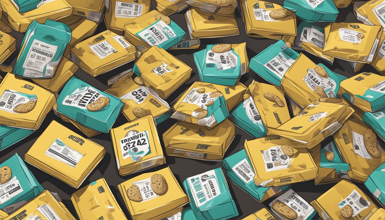 A pile of expired cookie mix boxes with visible expiration dates, surrounded by caution signs