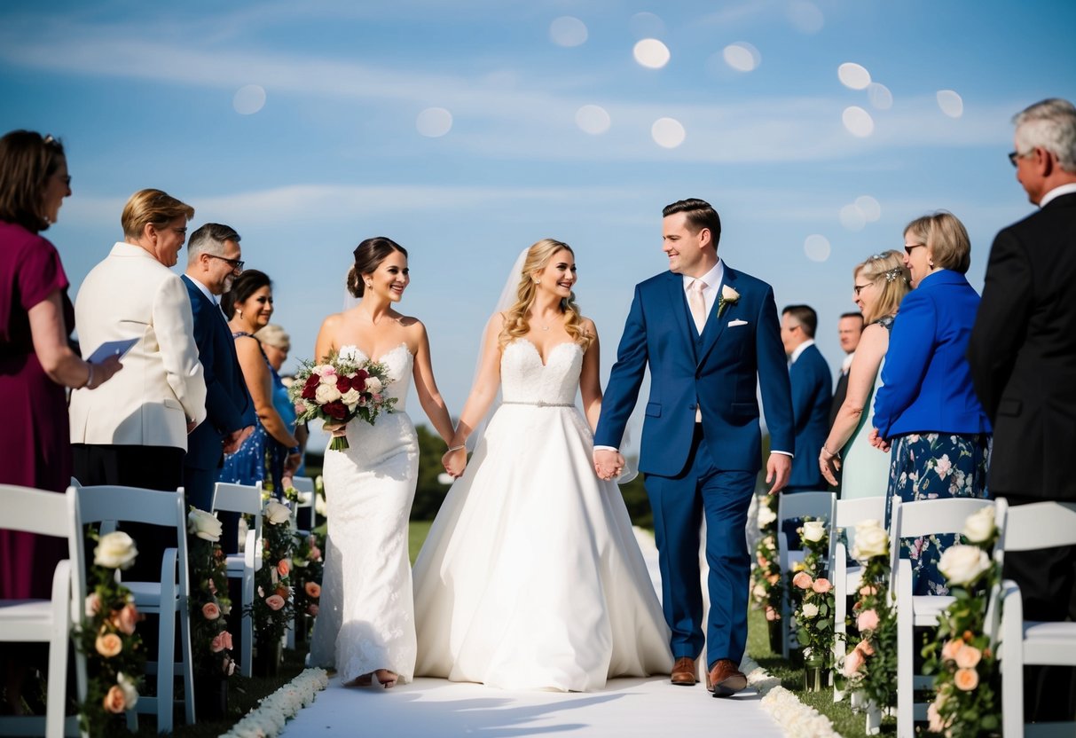 A bride and two figures walking together down a flower-lined aisle