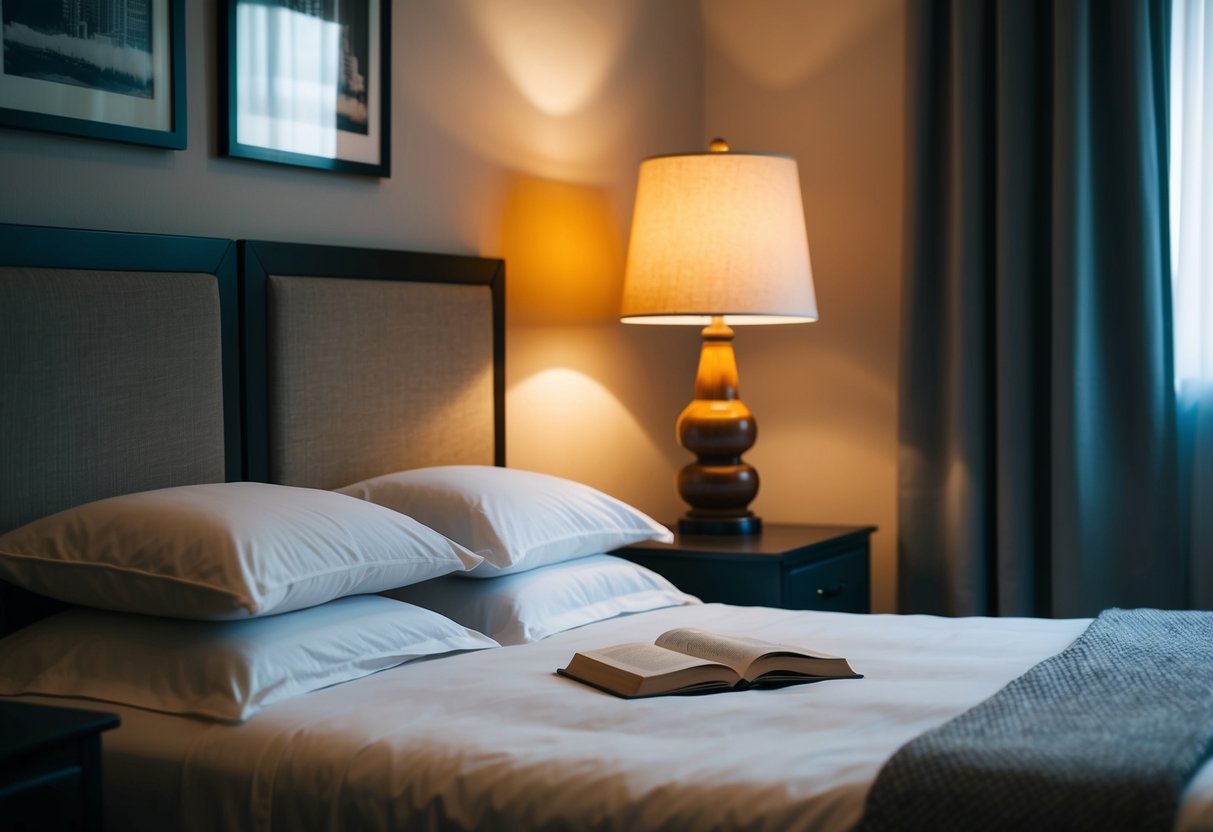 A cozy bedroom with two nightstands, a shared book on the bed, and a warm lamp casting a soft glow