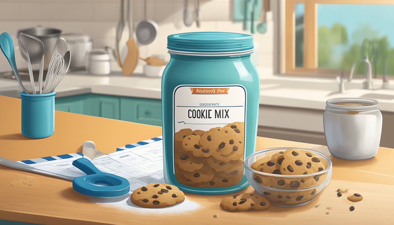 A jar of expired cookie mix sits on a cluttered kitchen counter, next to a mixing bowl and measuring spoons. A calendar on the wall shows the current date