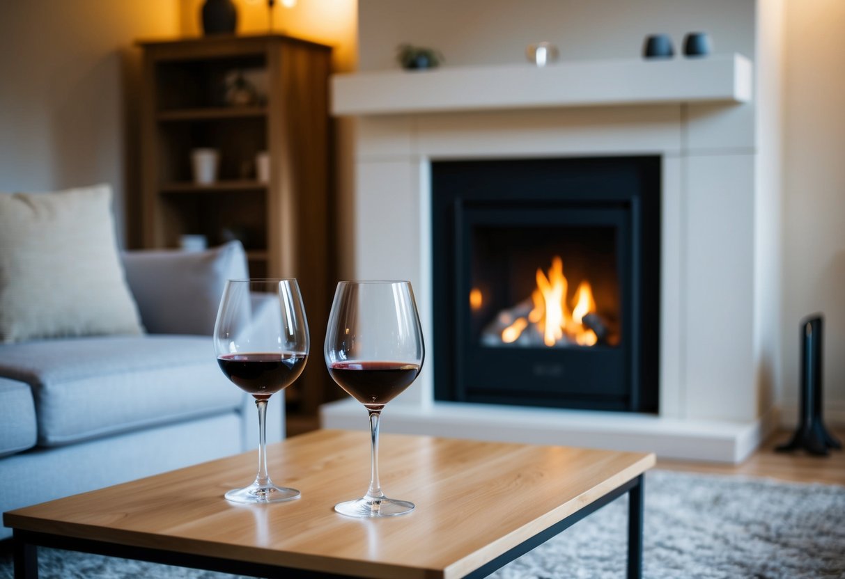A cozy living room with soft lighting, a crackling fireplace, and two empty wine glasses on the coffee table