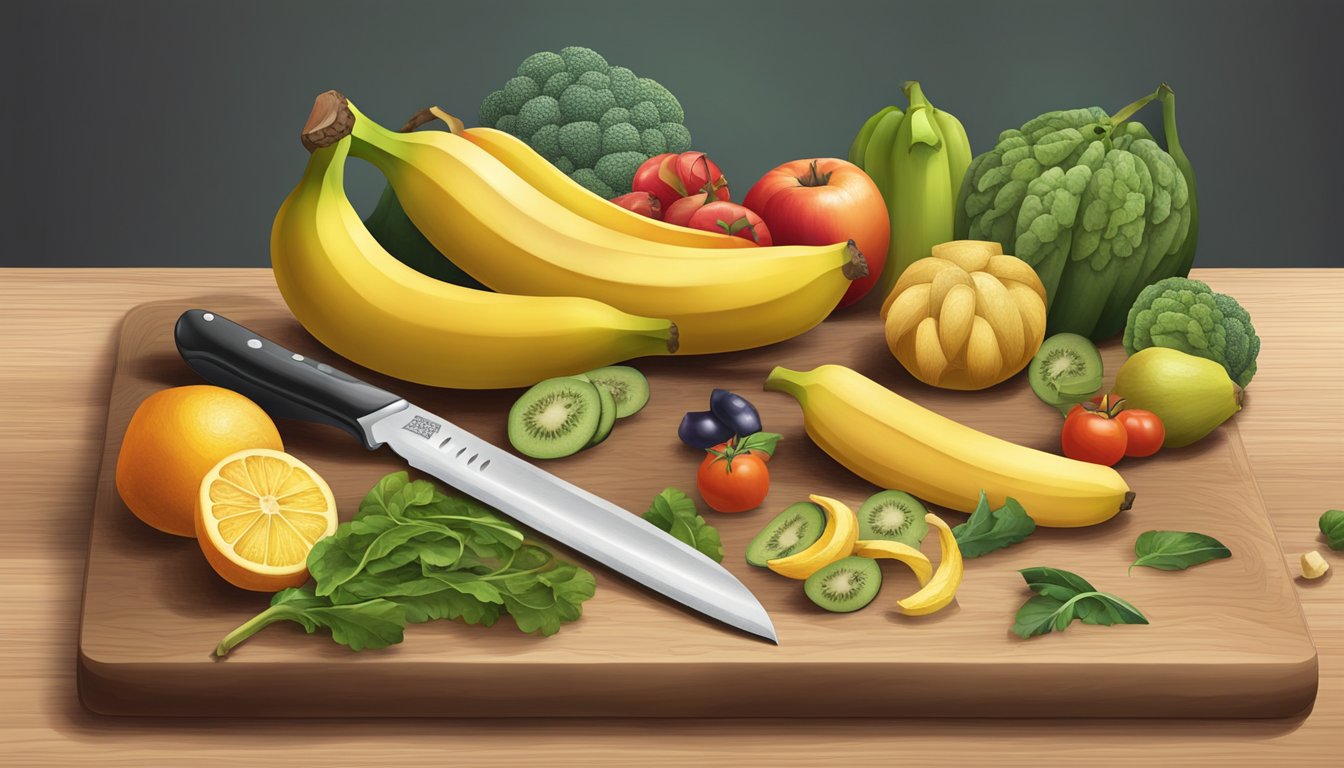 A banana peel resting on a cutting board with a knife beside it, surrounded by various fruits and vegetables