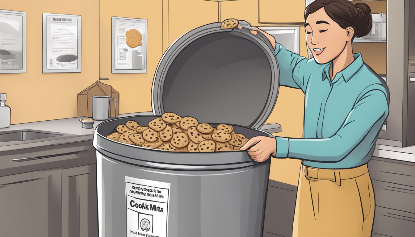 A person pouring expired cookie mix into a trash can, with a warning label on the package