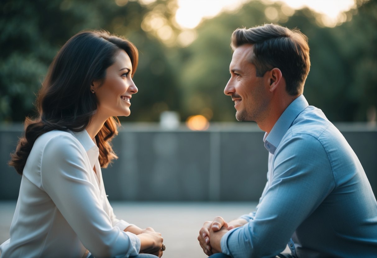 A husband and wife sit facing each other, engaged in deep conversation, with a warm and understanding expression on their faces
