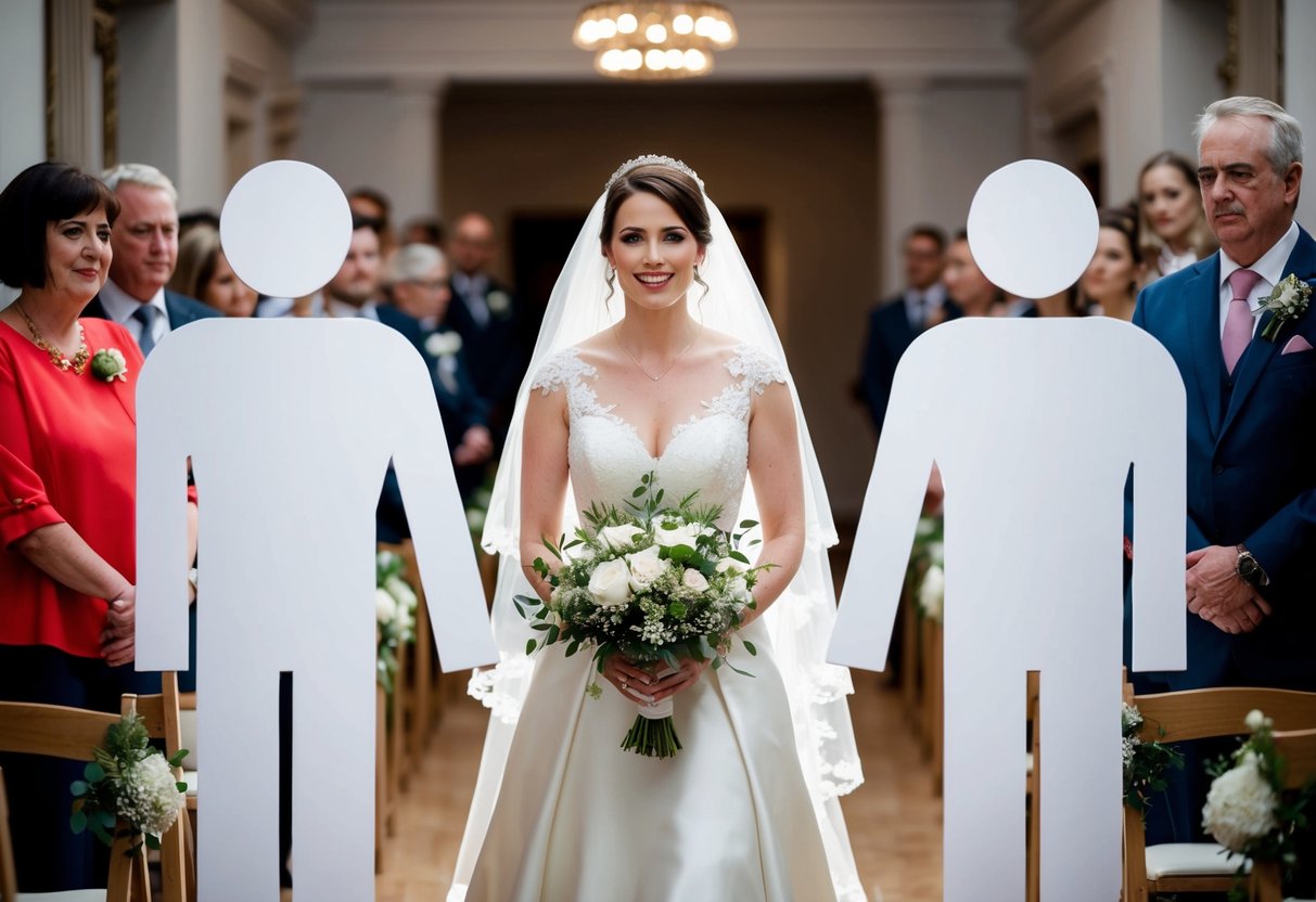 A bride walks down the aisle, flanked by two figures on either side. The figures are not human, but represent the presence of her mum and dad