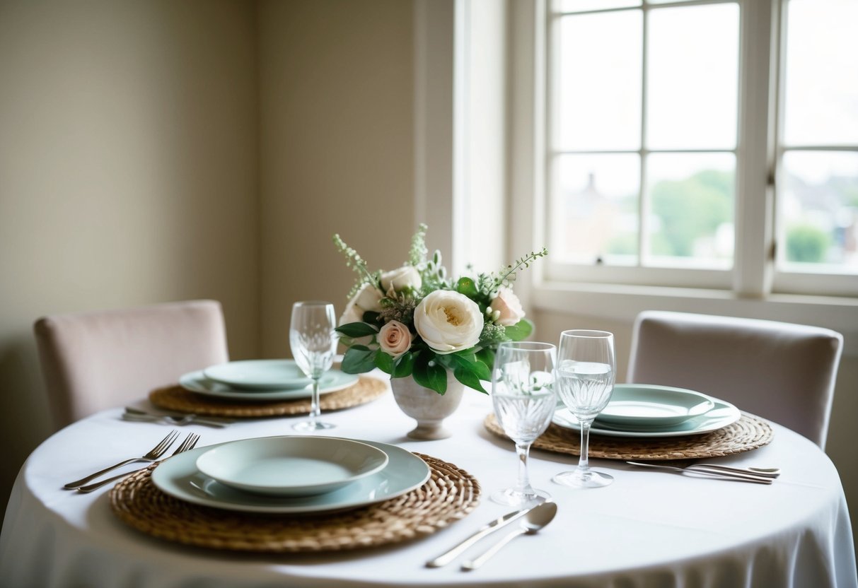 A table for two in a softly lit corner, adorned with elegant place settings and a simple floral centerpiece