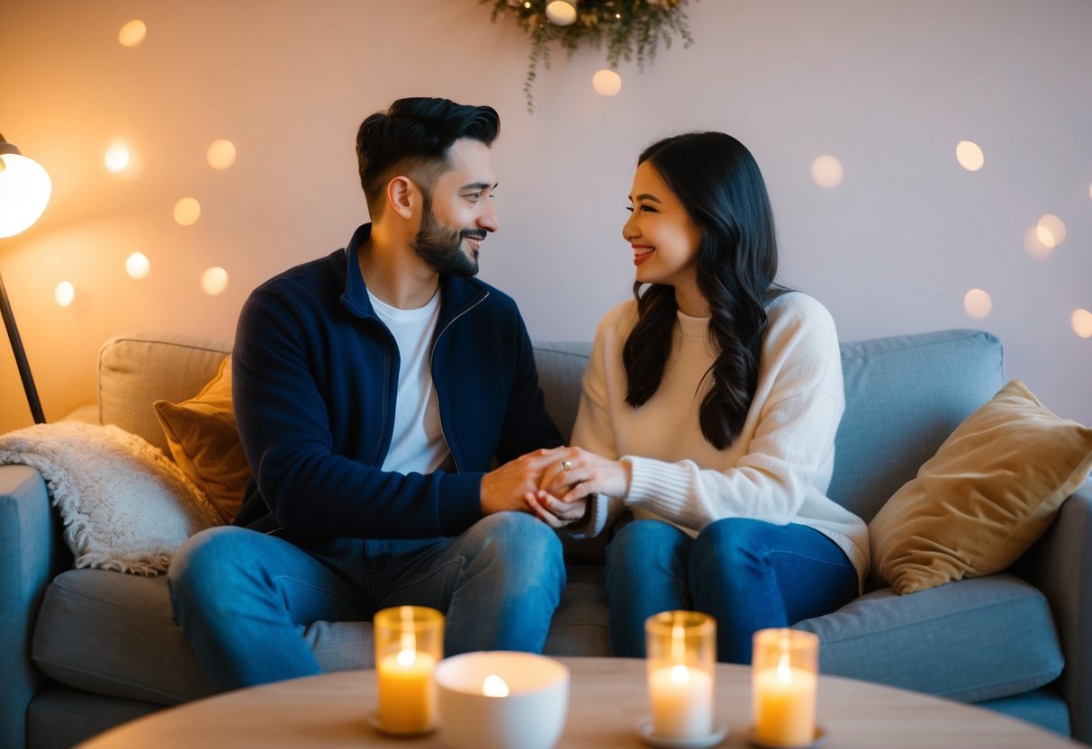 A couple sits together on a cozy couch, surrounded by soft lighting and warm colors. They hold hands and share a quiet, intimate conversation