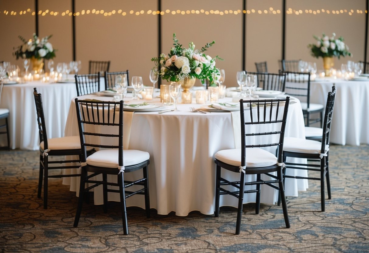A round reception table with two empty chairs in the center, adorned with elegant tableware and floral centerpieces
