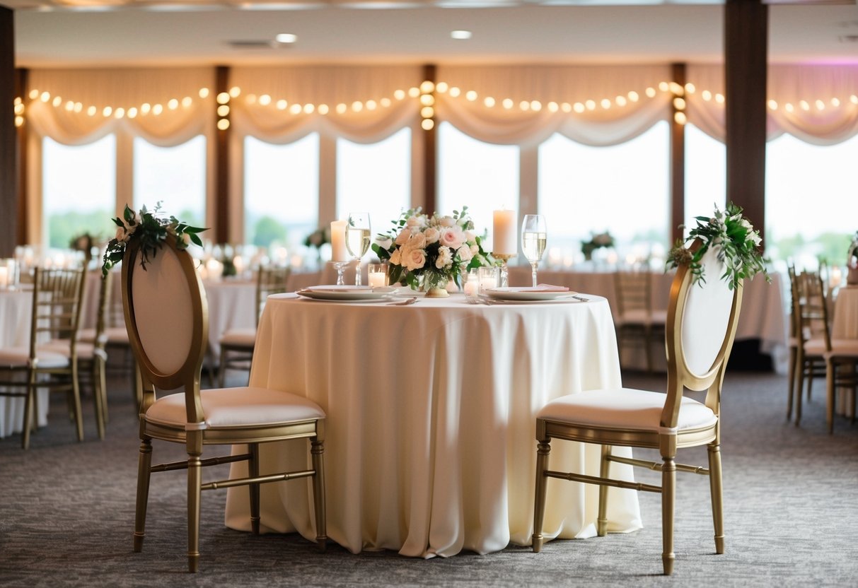 A beautifully decorated sweetheart table with two elegant chairs set apart from the rest of the reception, adorned with flowers and candles