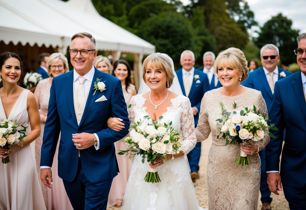 The mother of the bride arrives with a group of close family and friends, all smiling and chatting as they walk towards the wedding venue