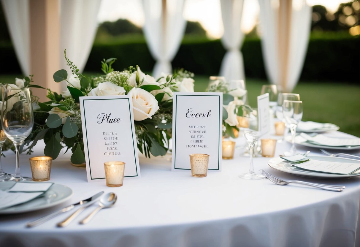 A beautifully set reception table with place and escort cards arranged, indicating seating for the bride and groom