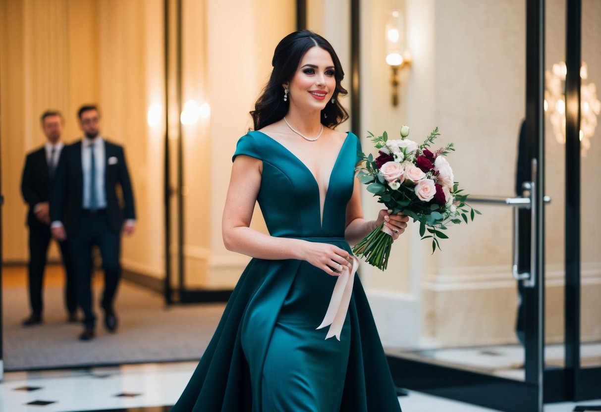 A woman in an elegant dress arrives with a bouquet of flowers