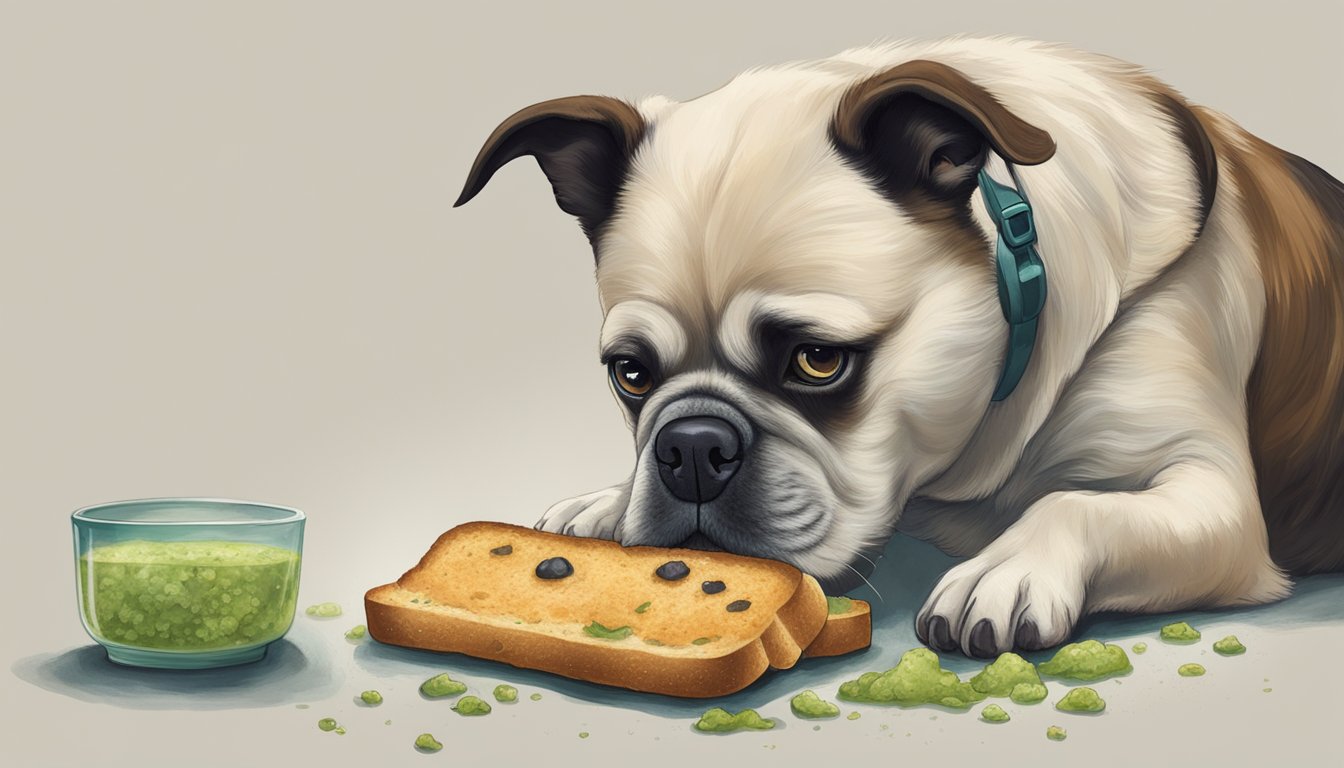 A dog sniffing a piece of moldy bread with a cautionary look on its face