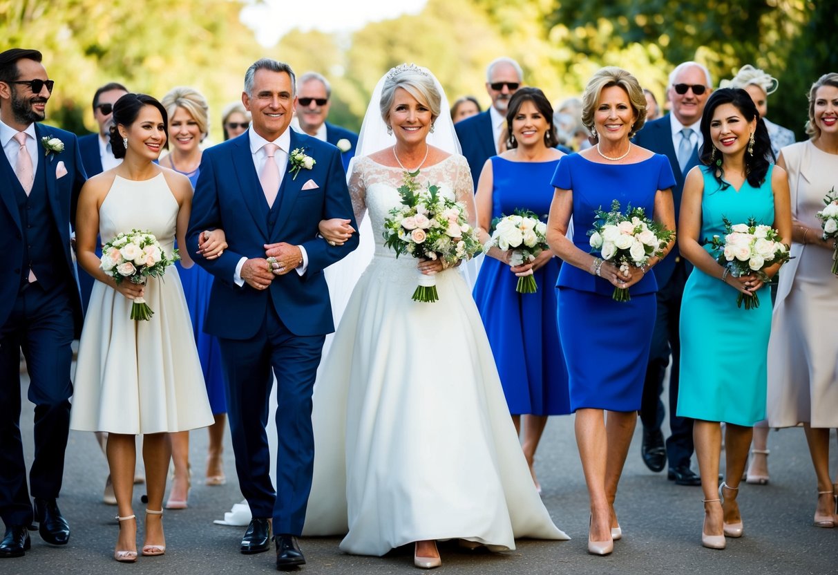 The mother of the bride arrives with a group of close family and friends, all dressed in elegant attire, carrying bouquets of flowers and smiling with excitement