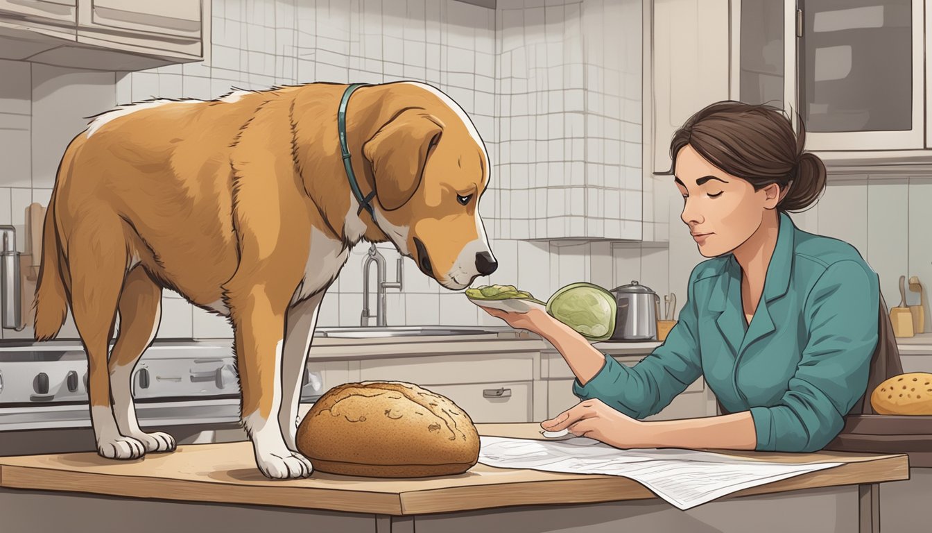 A dog hesitantly sniffs a moldy loaf of bread, while nearby, a vet examines a list of clinical signs of mold poisoning